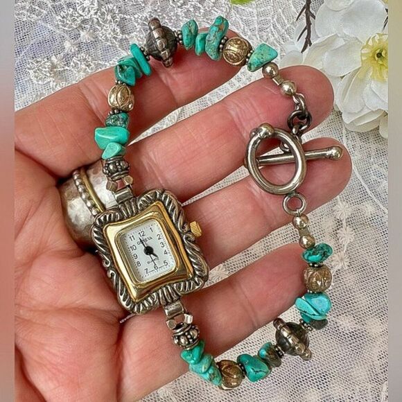 Vintage Y2K Bracelet Style Geneva Watch w Toggle Clasp Silver & Turquoise Beads - Picture 10 of 10